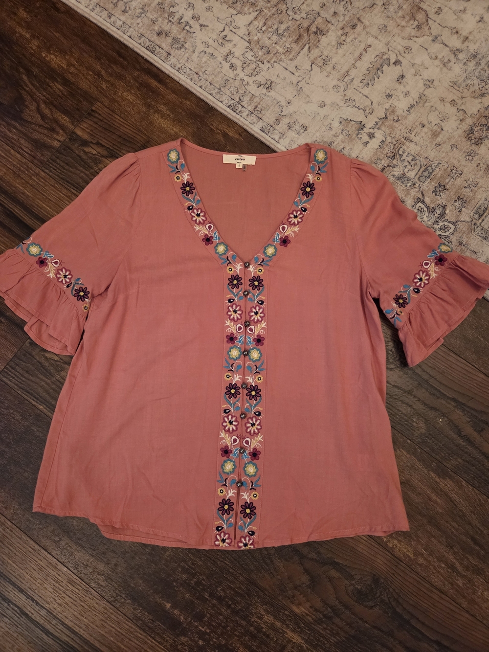 entro Coral-Pink Embroidered V-Neck Tunic
